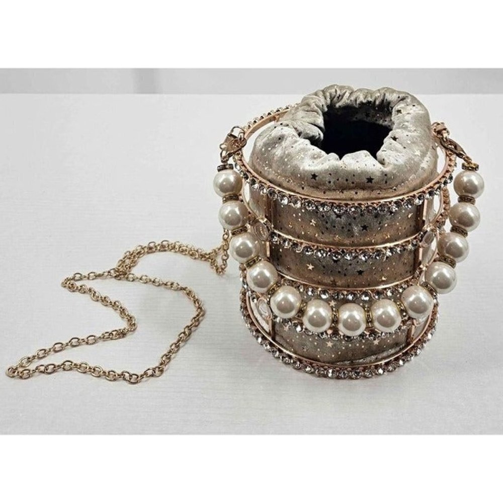 Gazelle Faux Pearl Rhinestone Hollow Out Drawstring Metallic Star Bucket Bag
